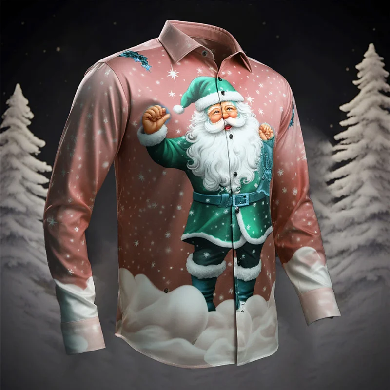 3d printing casual fashion men's santa claus holiday shirt 3d printing hot selling christmas long sleeve shirt party men's shirt