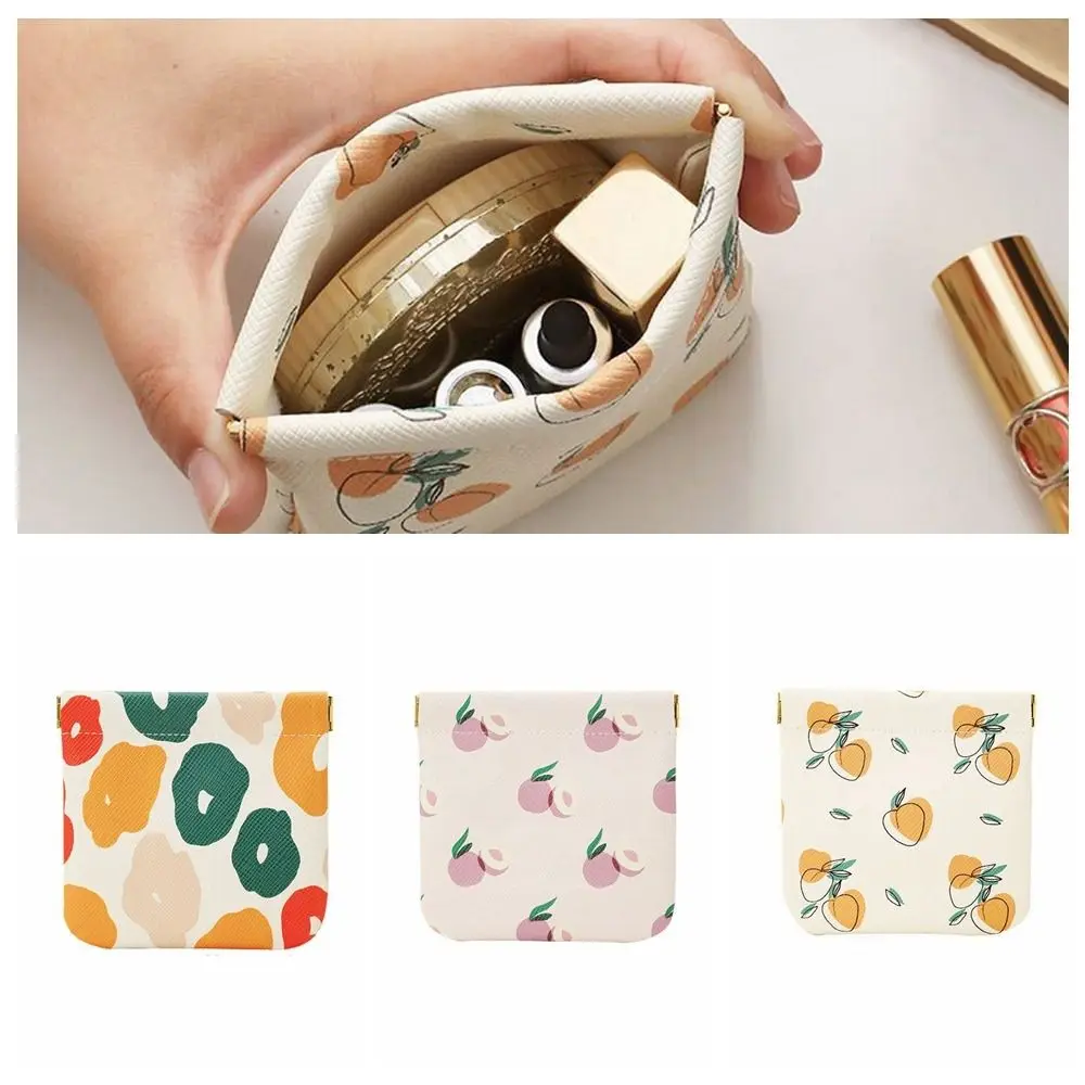 Mini bolsa de cosméticos de cuero Pu, bolsa de almacenamiento de lápiz labial de flores con estampado Simple, cierre automático, monedero cerrado para exteriores