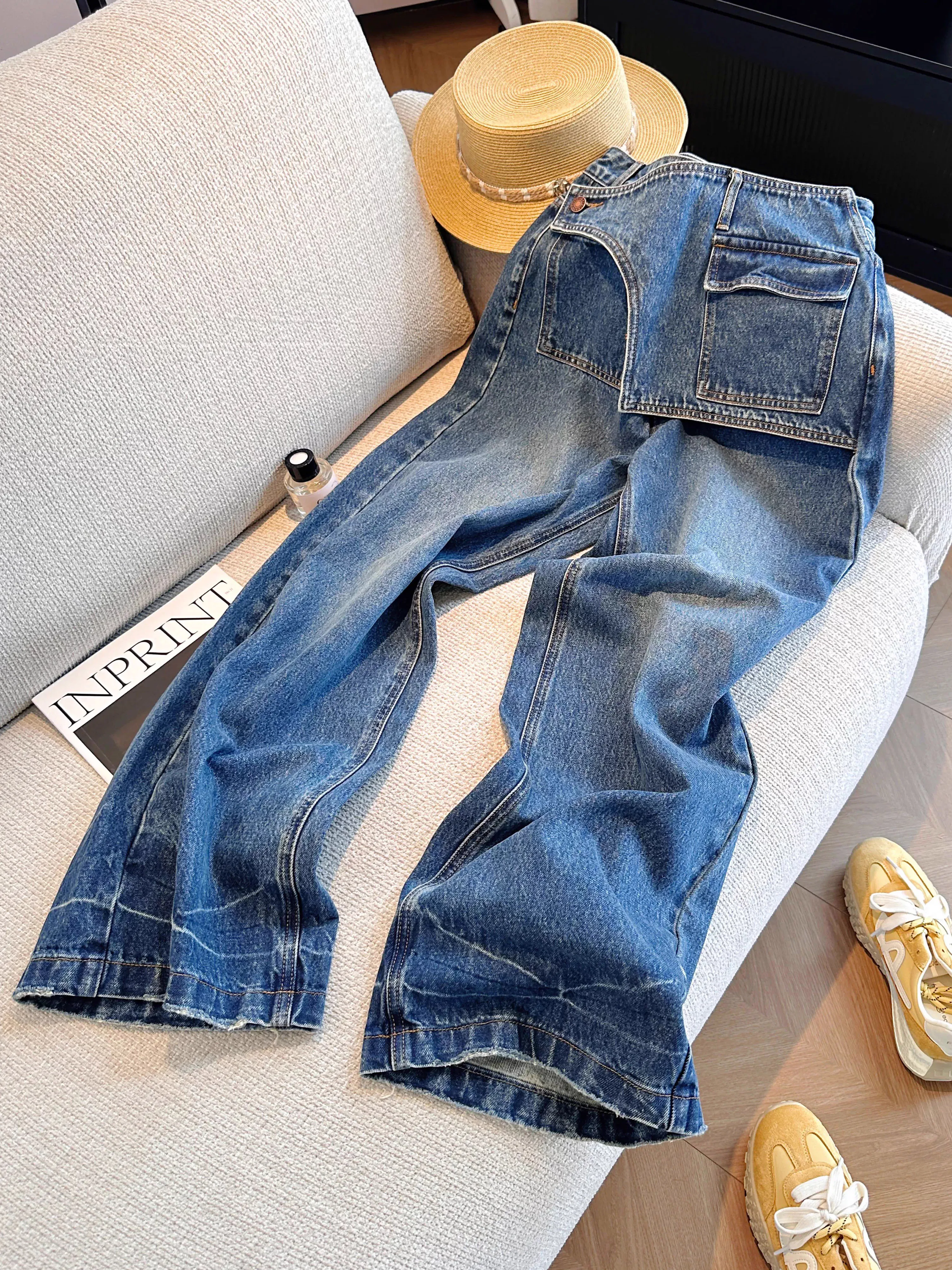 تصميم شخصي تحسس جينز فضفاض الخريف المرأة وهمية قطعتين الأزرق الداكن السراويل الضيقة عالية الخصر مستقيم الدينيم السراويل #5