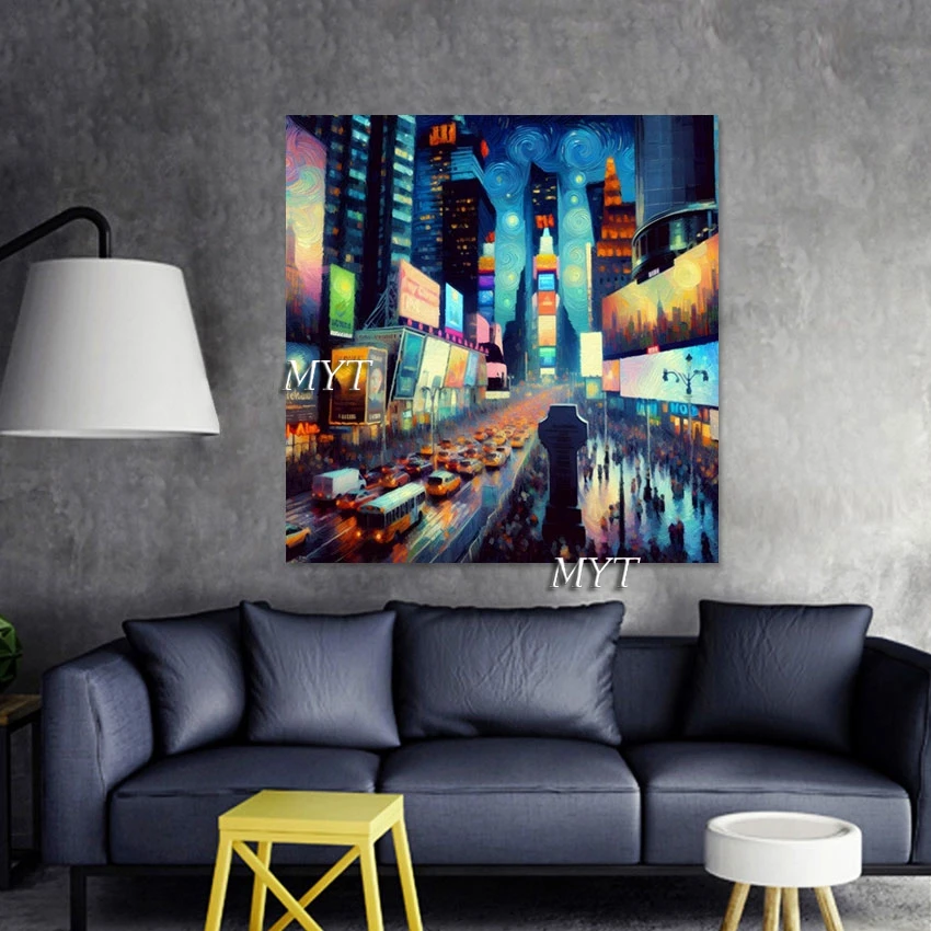 Landscape Wall Painting, Color Art Texture Canvas Picture, Abstract Hand Drawing, Frameless, 3D Beautiful Night View of the City