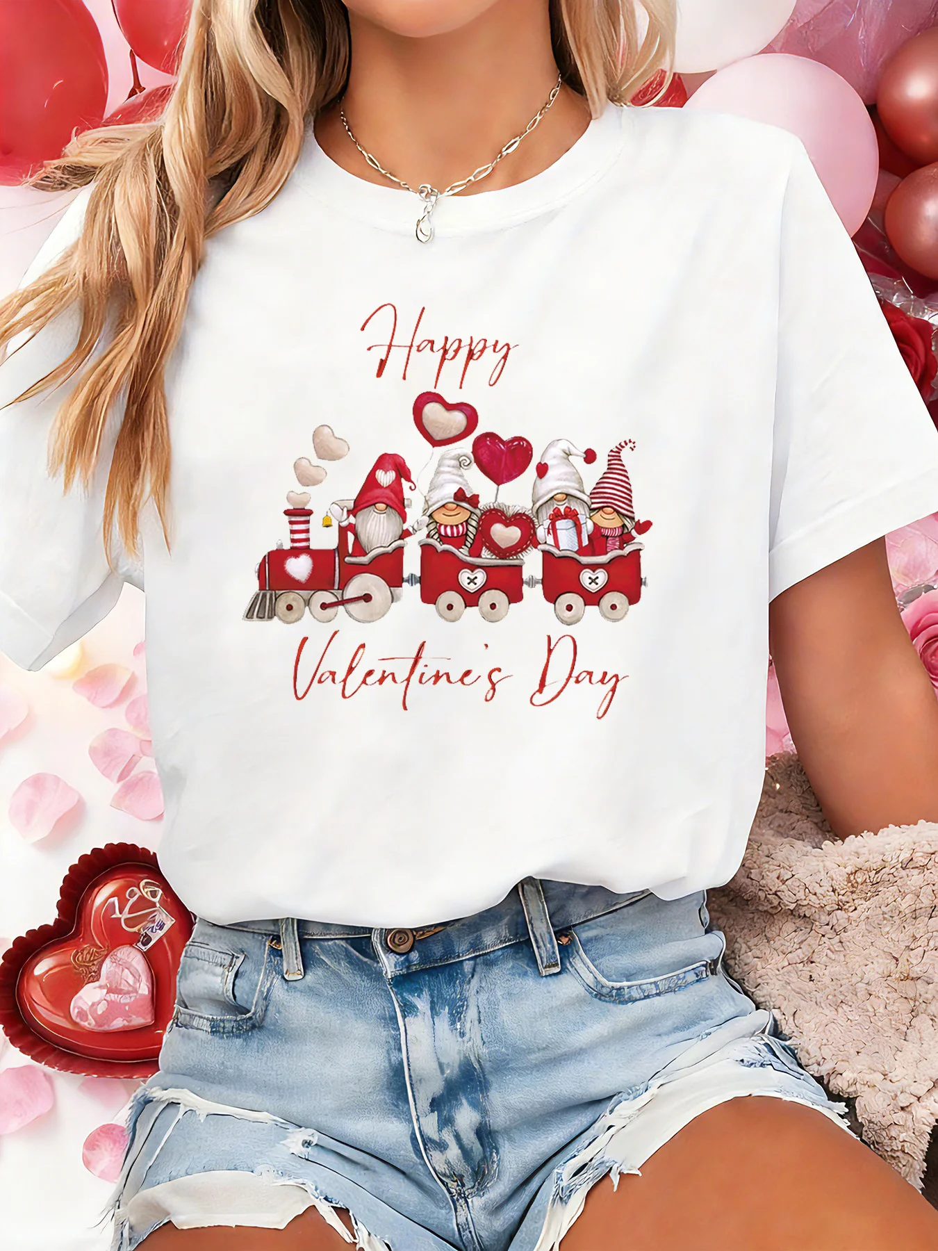 

Happy Valentine's Day Women's Short Sleeve T-shirt Gnome Train & Heart Graphic Print Crew Neck Casual Top For Summer & Spring