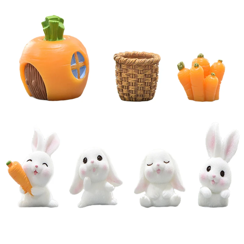 

7pcs Miniature Rabbit Model Cute Bunny Figurine Desktop Garden Landscape Ornament Resin Craft Easter Home Office Decor Supp