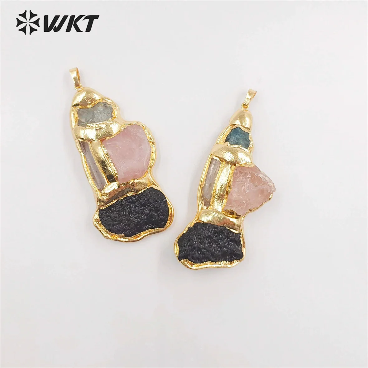 WT-P1905  Amazing Triple Gemstone Mixture Jewelry Pendants Genuine Energy Black Meteorite Rose Quartz Raw Stone ACC