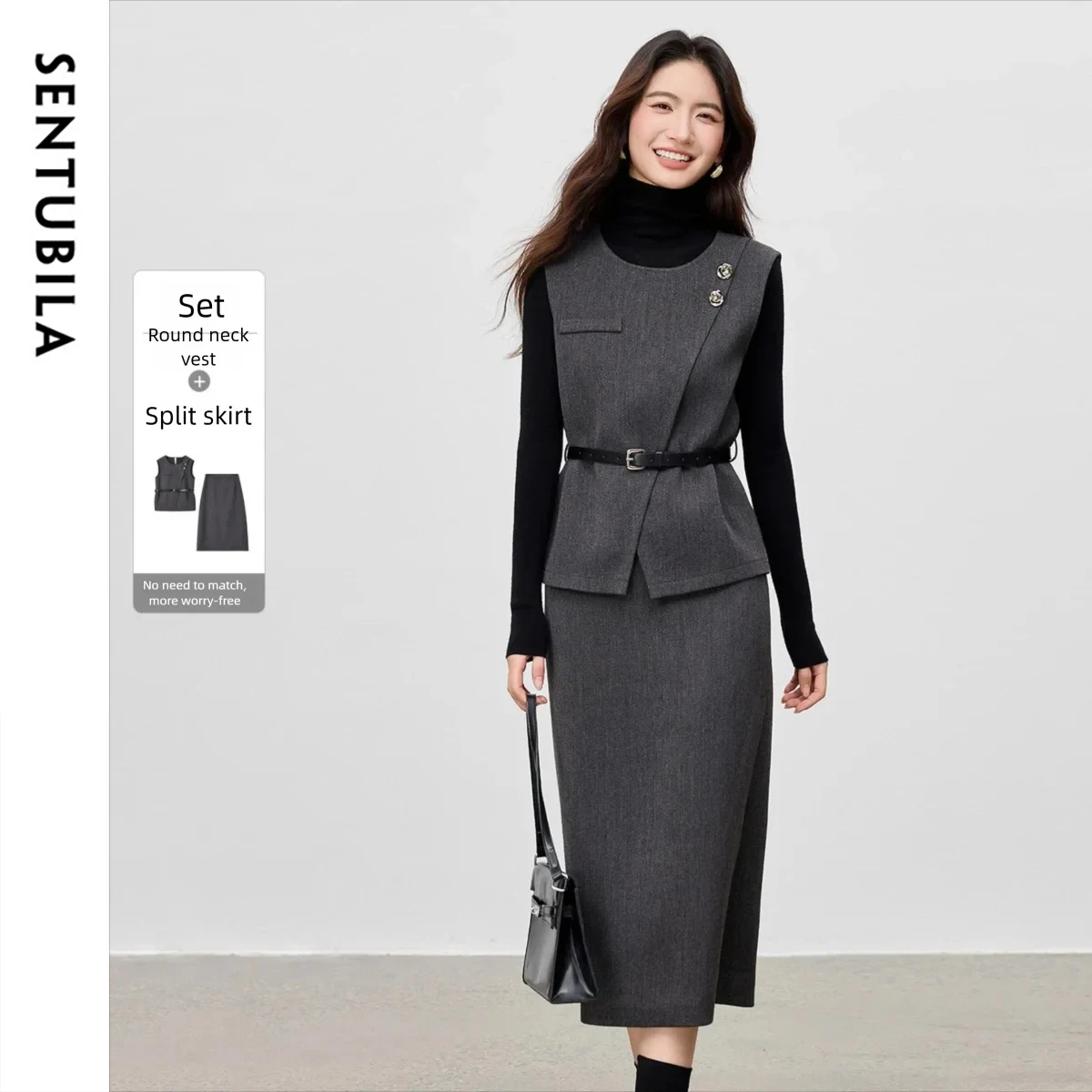 

SNETUBILA Elegant Commute Skirt Sets for Women 2025 Autumn Winter O-neck Sleeveless Vest Straight Skirts Two-piece Set 154ZA3653