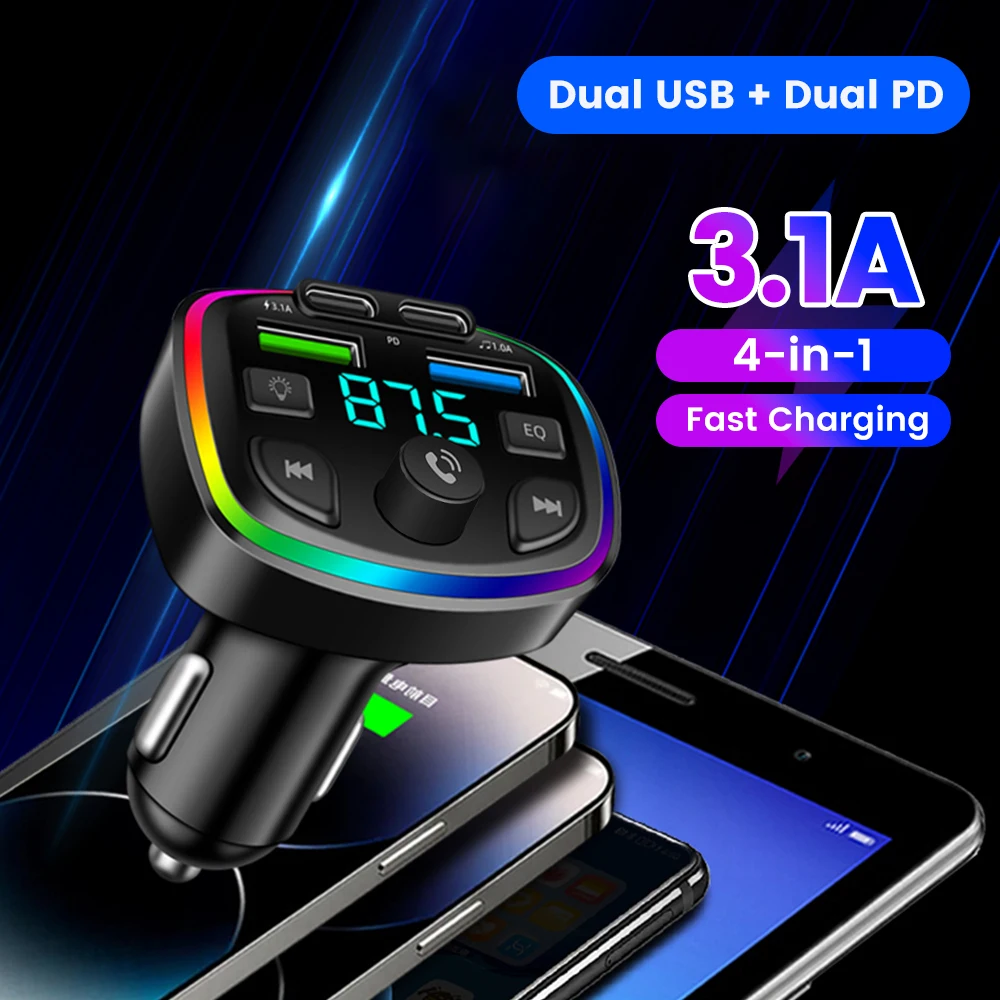 66W Fast Car Charger Bluetooth 5.4 FM Transmitter Wireless Radio Handsfree Calling Dual Mics & Deep Bass Car Charger Dual PD