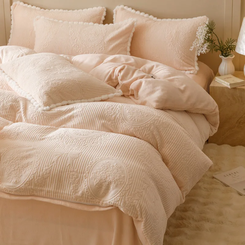 Autumn Winter Thickened Carved Milk Fleece Bed Four-piece Set Class A Antistatic Quilt Cover Bed Sheet Pillowcase Bedding Set