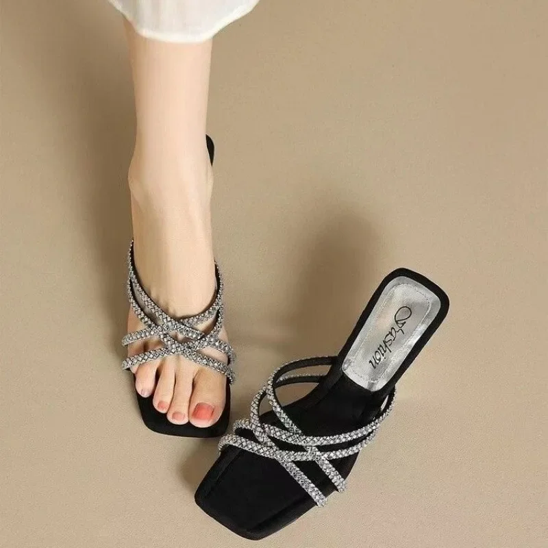 Summer Square Head Open Toe Sequin Diagonal Heel Sandals Fashion Temperament Women's Shoes