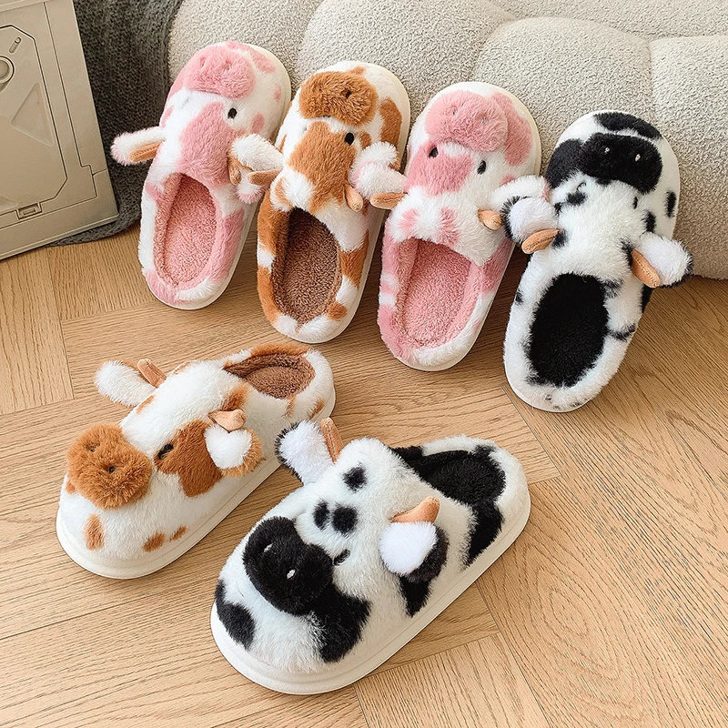 Fluffy Slippers Women Home Cow Cartoon Designer Winter Shoes Girls Indoor Cotton Casual Plush Platform Footwear Large Size Warm