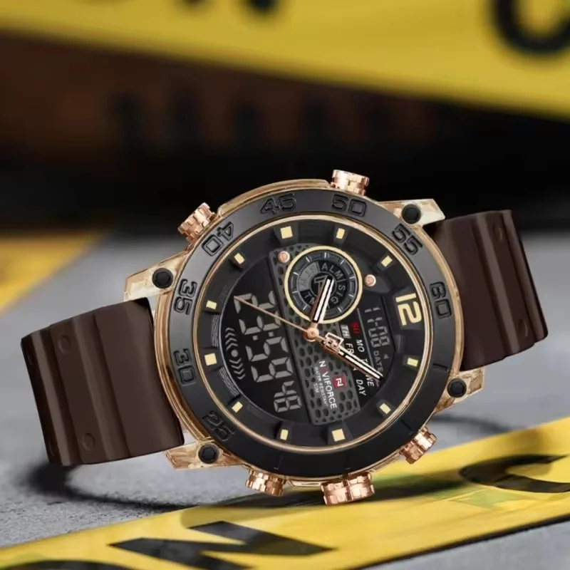 NAVIFORCE 6104 موضة جديدة الرياضة الإلكترونية ساعة كوارتز مقاوم للماء التقويم ليلة ضوء العرض المزدوج ساعة رجالية عادية reloj