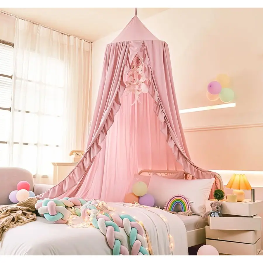 

Bed Canopy for Girls,Ruffled Canopy Bed Curtains Canopy for Girls Room,Hanging Canopy Princess Play Tent for Reading Nook Play R