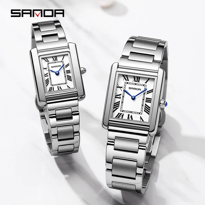 

SANDA Fashion Business Men Women Quartz Watch Roman Numeral Square Stainless Steel Waterproof Wristwatch Lovers Casual Watches