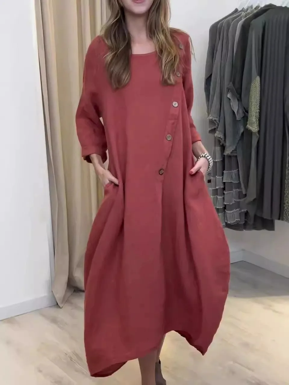 

Fashion Solid Color Cotton Linen Long Dress For Woman Spring Summer Casual O-Neck Long Sleeved Pockets Loose Button Dresses