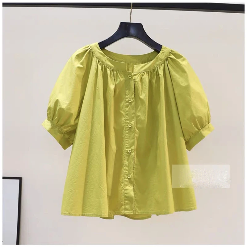 Fashion O-Neck Button Solid Color Folds Lantern Sleeve Shirts Female Clothing 2024 Summer New Loose Korean Tops Casual Blouses