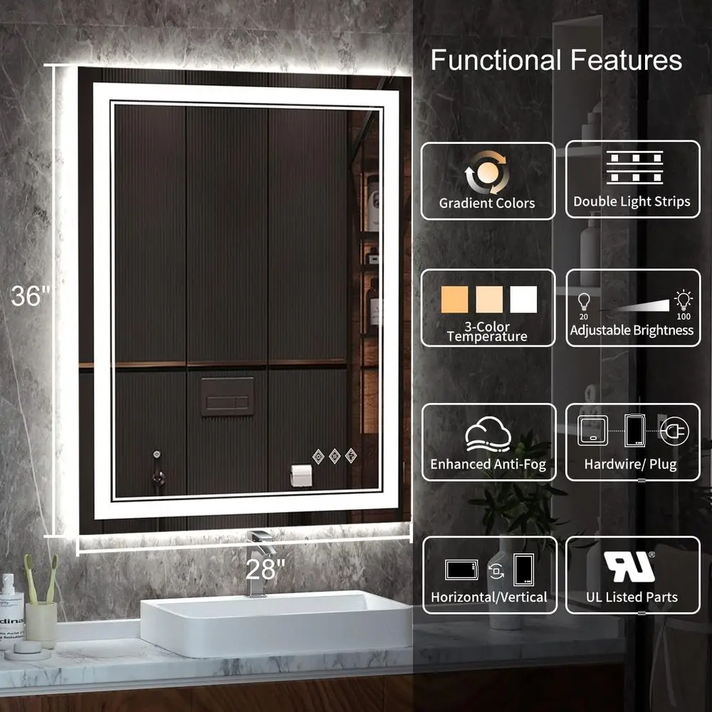 مرآة مضاءة LED 36 × 28 مع إضاءة متدرجة، 3 ألوان قابلة للتعتيم، عالية CRI، مضادة للضباب، مثبتة على الحائط أو مرآة حمام معلقة #2
