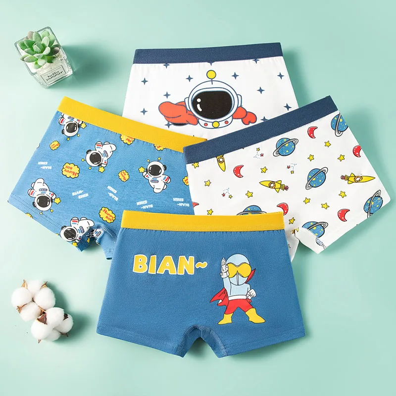 Ropa interior de algodón para niños, Bóxer transpirable con patrón de dibujos animados de astronauta, 4 piezas