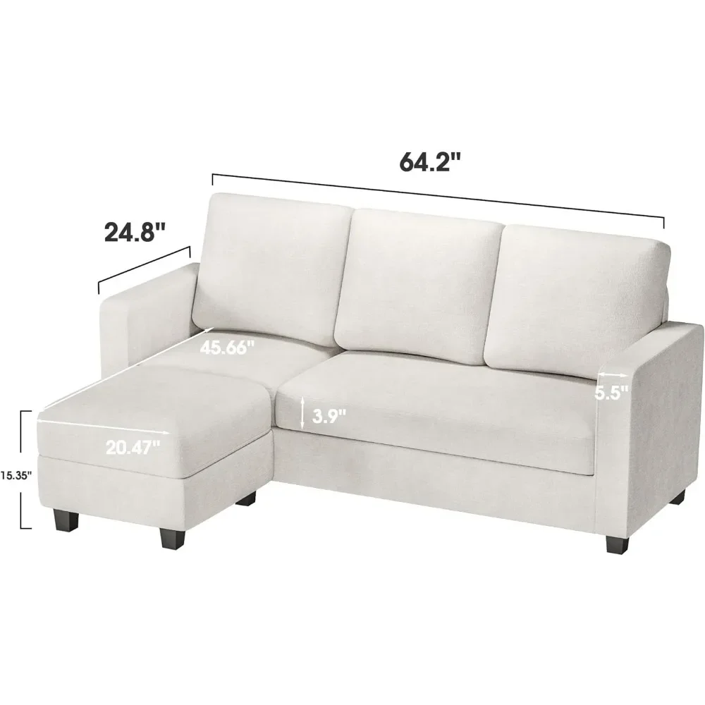 Convertible Sectional Sofa Couch, Fabric L-Shaped Sofa with 3 Seats, Removable Ottoman, Small Sofa for Small Apartments