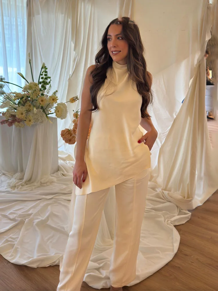 

HH женские летние повседневные комплекты бежевые топы без рукавов с открытой спиной + длинные брюки с высокой талией на шнурке женский модный костюм