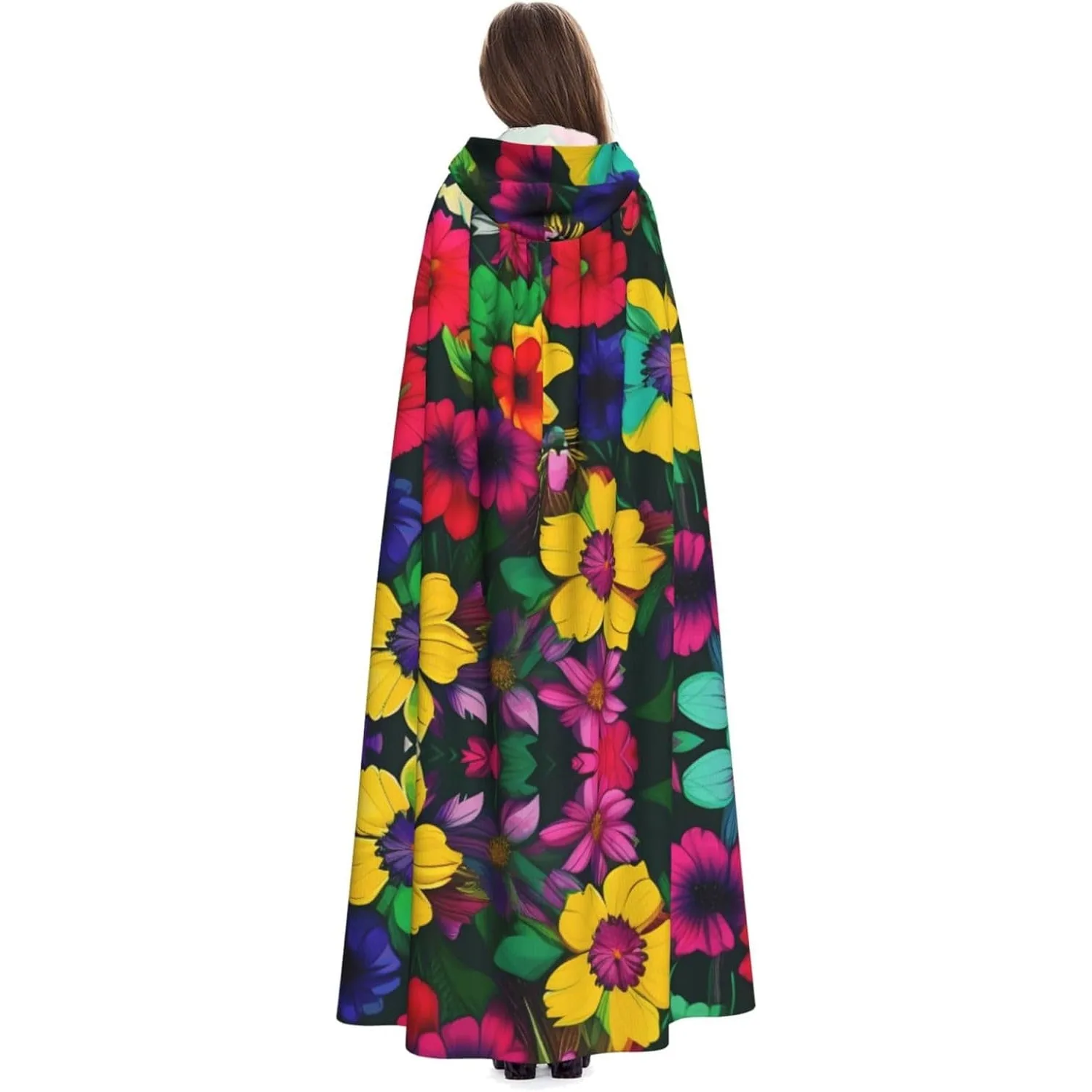 Rainbow Flowers Pattern Print Adults Hooded Cloak With Halloween Christmas Witch Cape Robe Costume Party