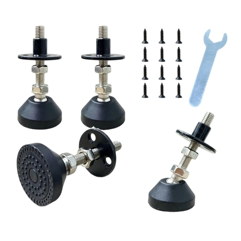 Furniture Levelers with Three-Hole Mounting Plates, Threaded Height Adjustment and Angled Bases for Shelving, and M4YD
