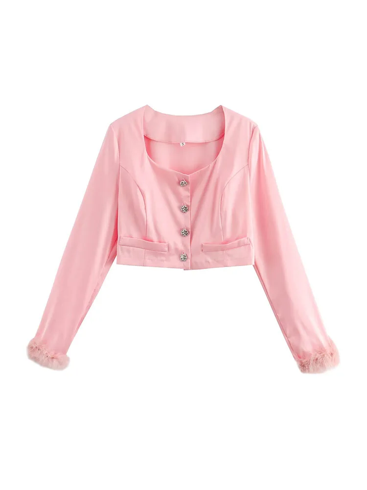 

Women's clothing 2024 new European and American style exquisite fur edge long-sleeved top with short skirt two-piece suit