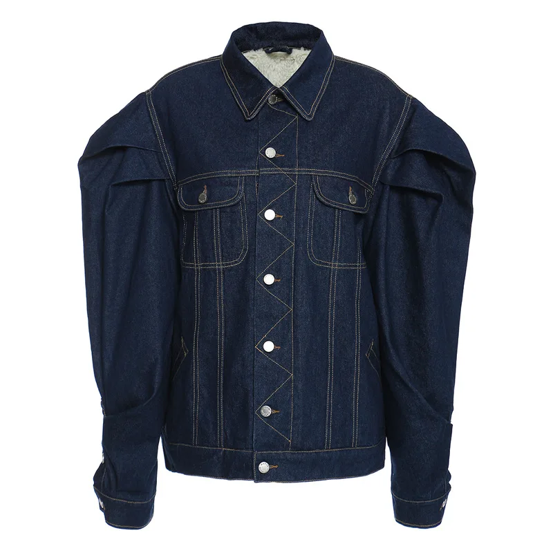 

Осенняя женская утолщенная джинсовая куртка с пышными рукавами, однобортная, свободная посадка, стильный повседневный стиль