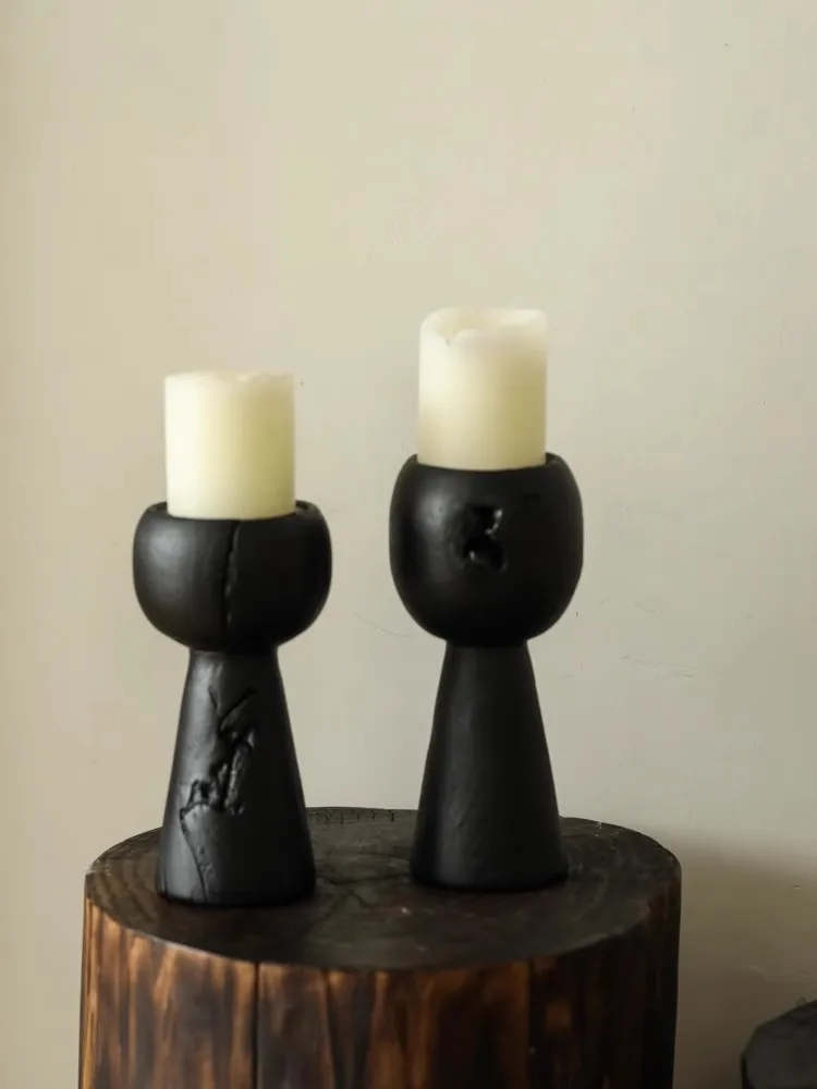 Retro Nostalgia Natural Solid Wood Black Candlestick Living room Artistic Creativity Decoration Mini Personality Candlestick