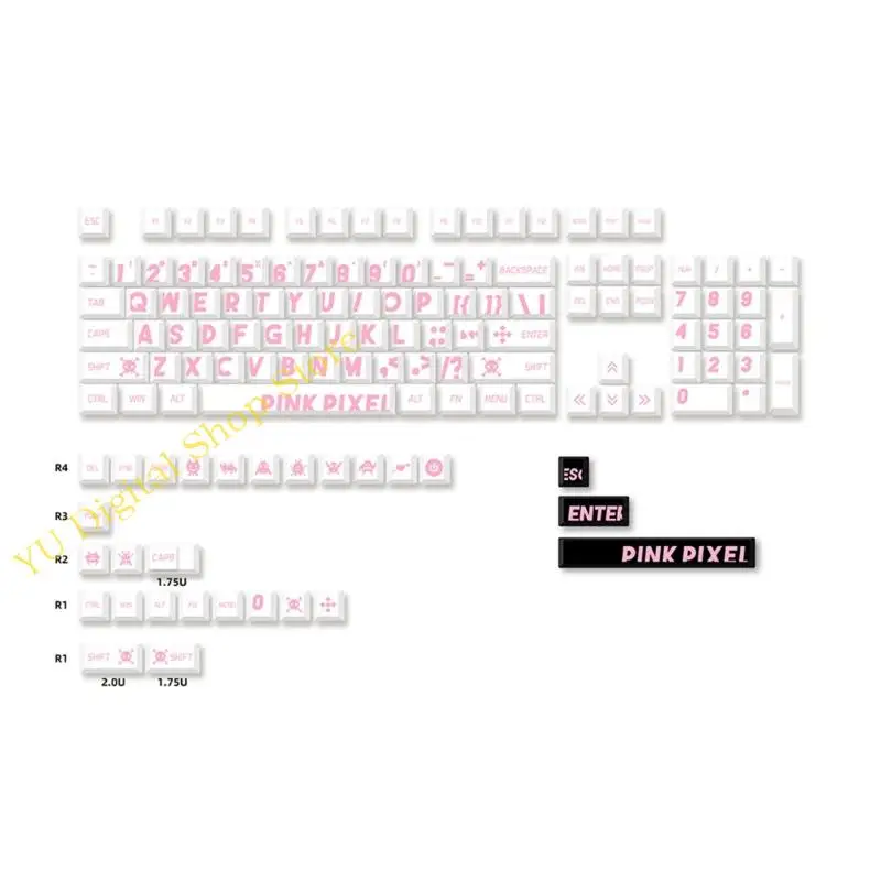 96BA Game Keyboard Keycaps ThermalSublimation PBT Large Characters Keycaps White with Pink Letters Keypad for 132Keys