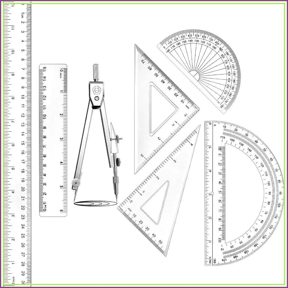 

7 Pcs Geometry Kit with Compass, Protractors, Triangle Rulers, Straight Rulers, Transparent Drafting Tools for School Office