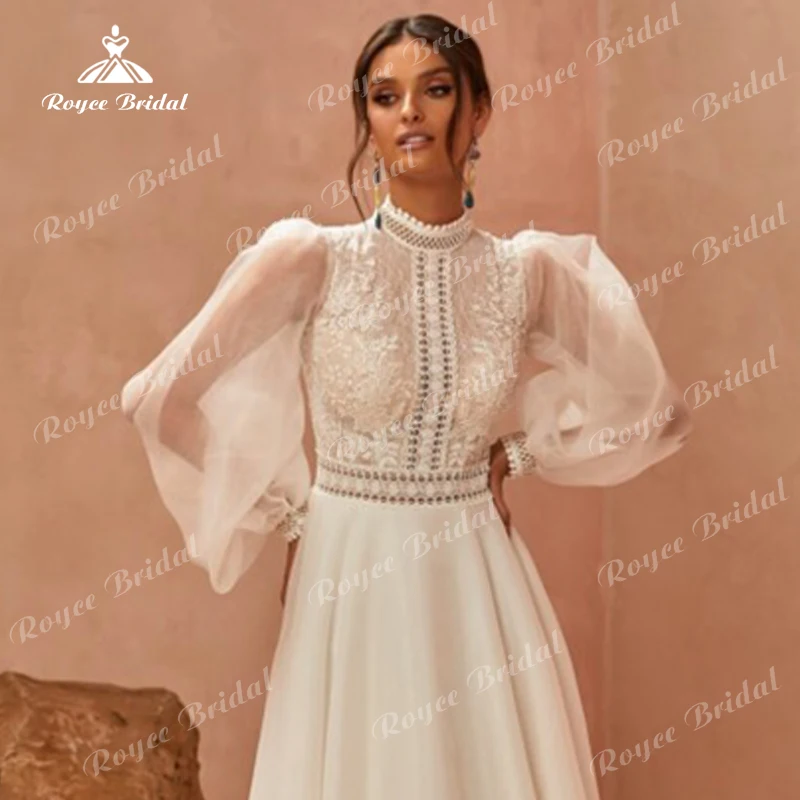 Boho A-Line Wedding Dresses For Women Bride Gowns Sexy High Neck Puff Sleeve Back Button Lace Sweep robe de mariée vestidos