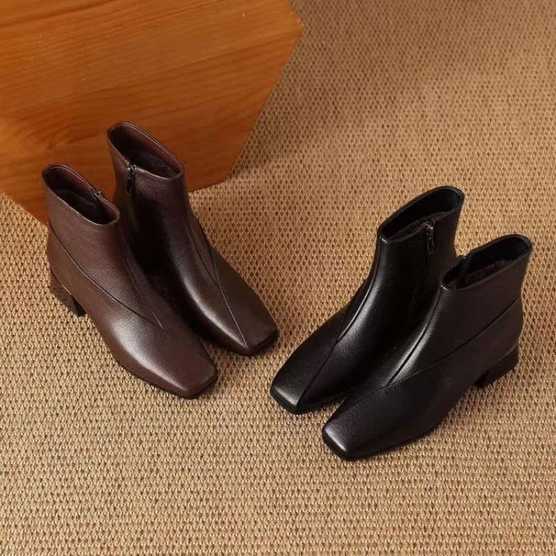 2025 المرأة حذاء من الجلد جلد طبيعي ساحة تو كتلة مكتنزة كعب الجانب سستة منتصف العجل الجوارب موضة أحذية الشتاء غير رسمية #5