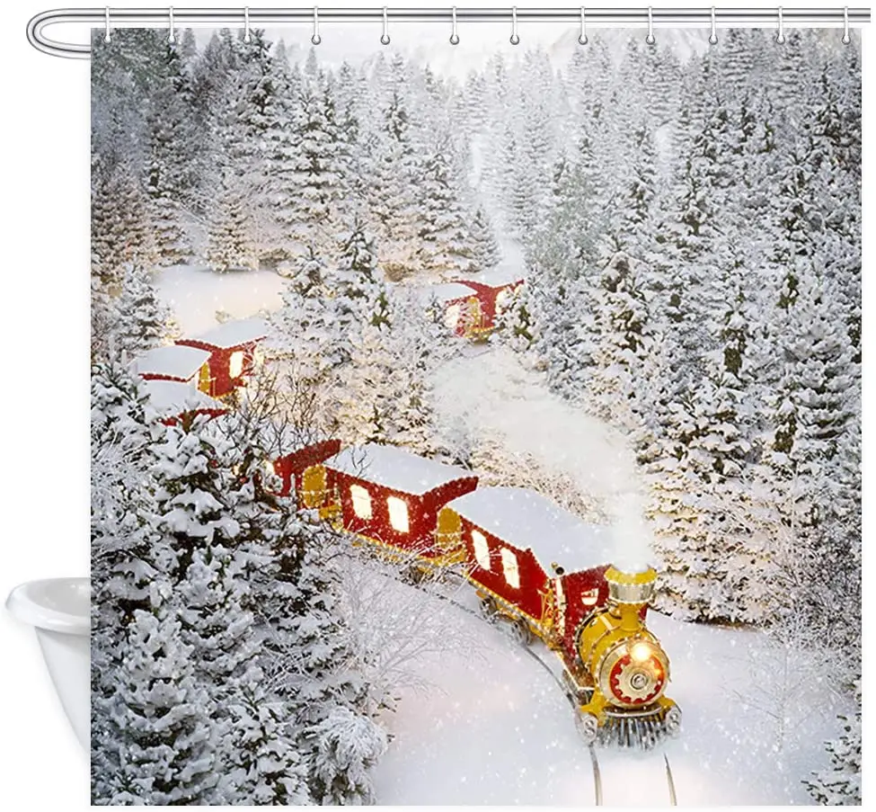 Winter Holiday Shower Curtain Christmas Train Goes Through Fantastic Winter Forest Polyester Fabric Bath Curtains with Hooks