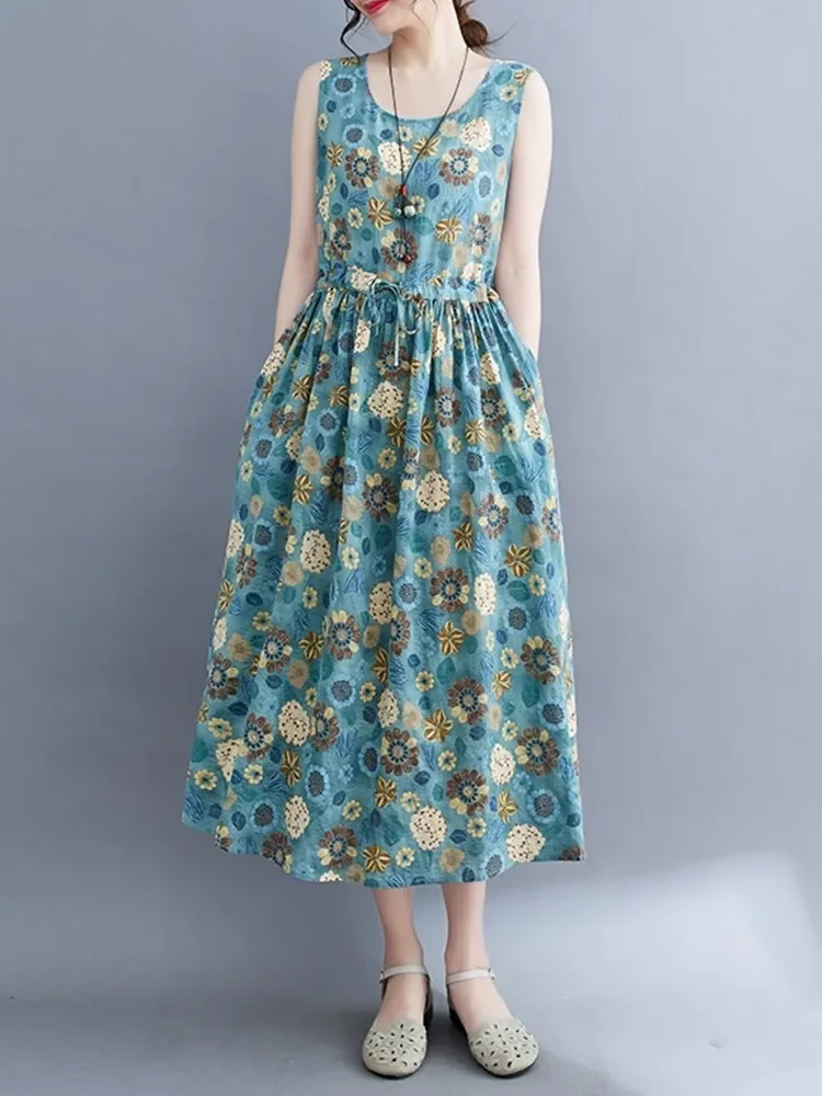 

Sleeveless Cotton Vintage Floral New in Dresses for Women Casual Loose Long Summer Dress Elegant Clothing 2025 E7086