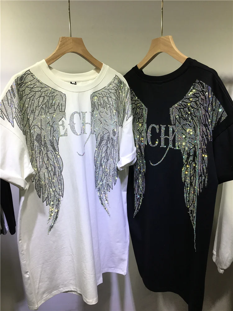 คนอ้วนขนาดใหญ่สวมใส่ปีก Rhinestone ยุโรปแขนสั้นความยาวกลางฤดูร้อนหลวม POP TOP เสื้อยืดแขนสั้นผู้หญิง