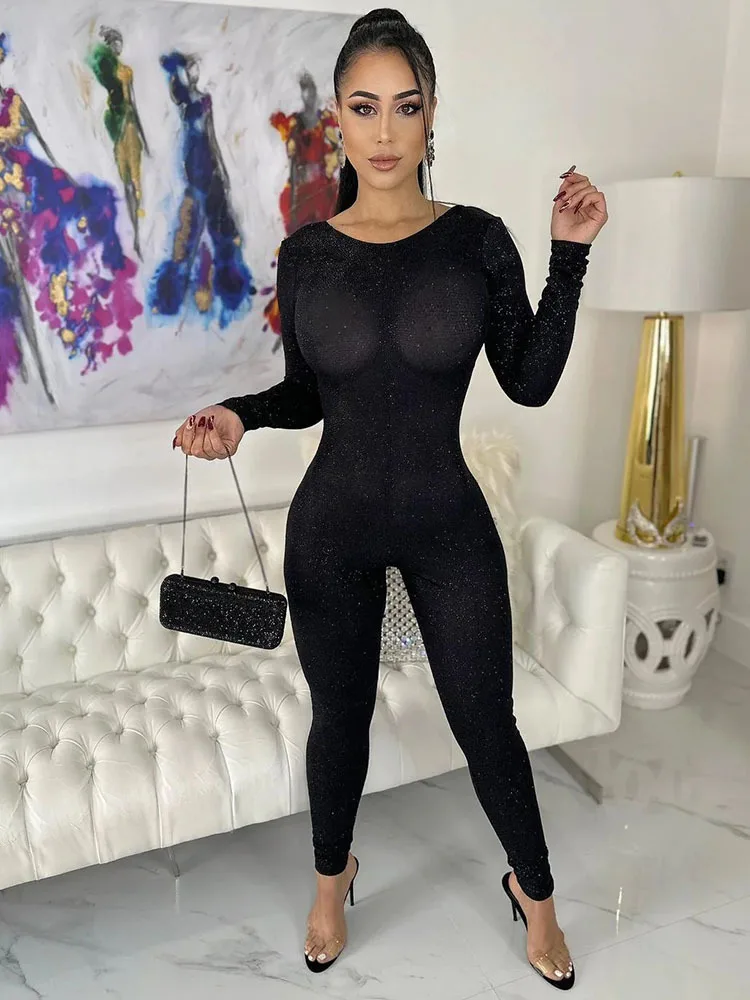 Articat Sexy Tight Shiny Long Sleeve Jumpsuit Women Backless Skinny Elastic Slim Fit Jumpsuit Casual Charm Party Club Autumn New