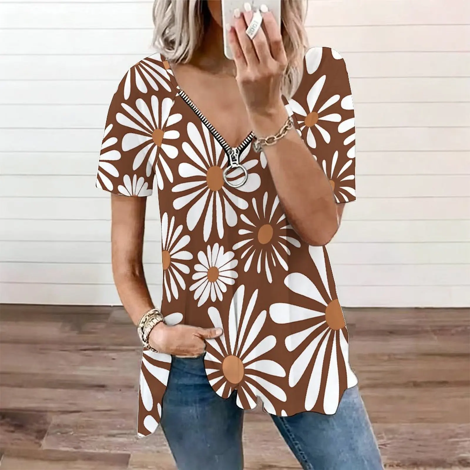 Boho Purple Blue Paisley Floral Print Women Zip Front V Neck Flowy Irregular Hem Blouse Tunic