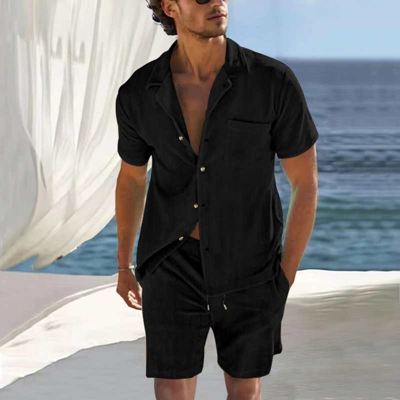 New Man European and American Casual and Comfortable Button-down Lapel Shirt Short-Sleeved Shorts Suit Travel shirt set