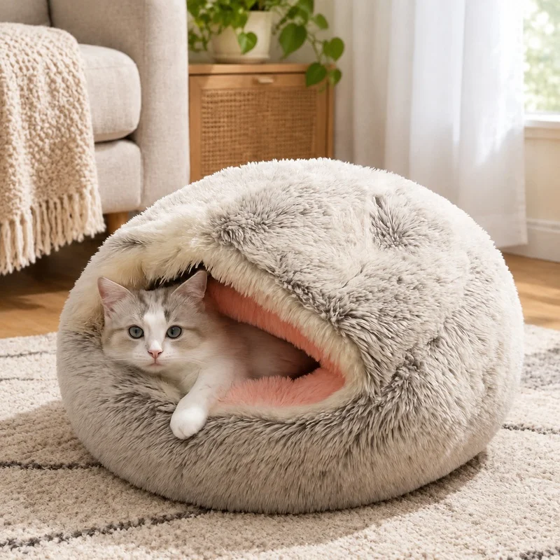 Winter Warmth Plush Pet Cave with Soft Fleece Lining, Semi-Enclosed Cozy Cat Sleeping Spot
