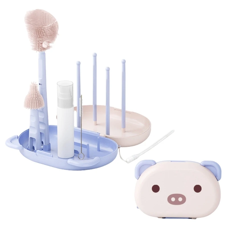 6 In 1 Baby Milk Bottle Cleaner Set Including Bottle Brush Pacifier and Straw Brushes with Drying Rack & Storage Box