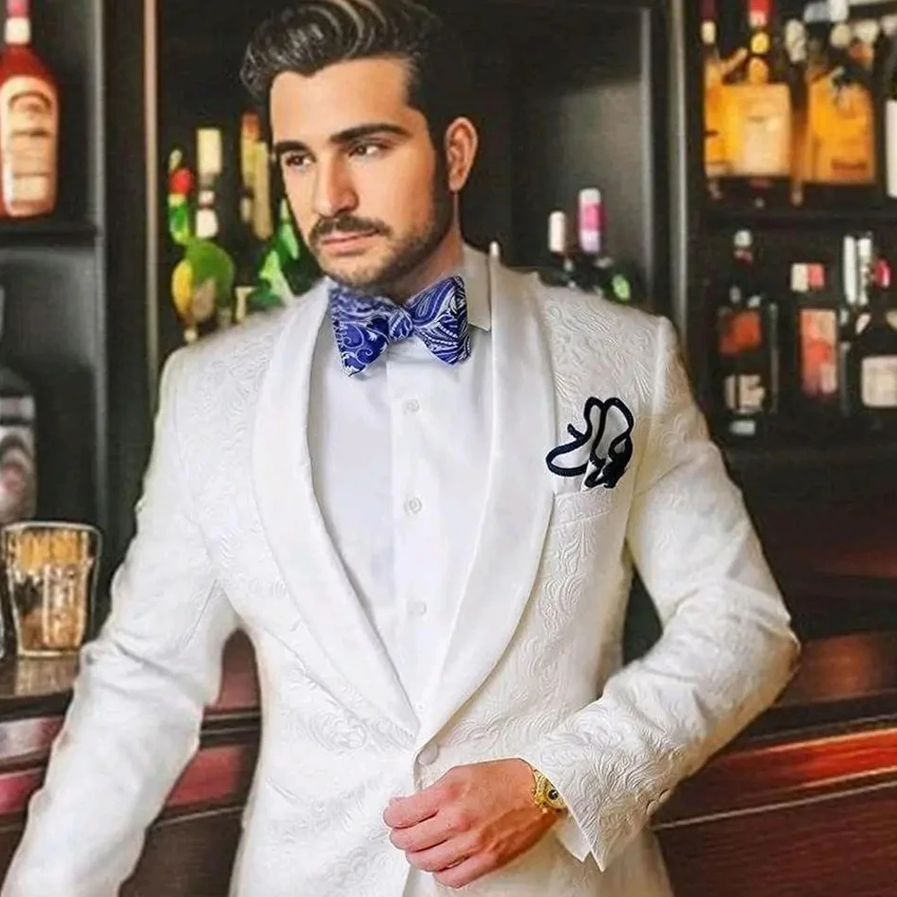 

Exquisite White Jacquard Fabric Men Suit Two-pieces (Jacket+Pants) Shawl Lapel Single Breasted Wedding Office Ropa Hombre Groom