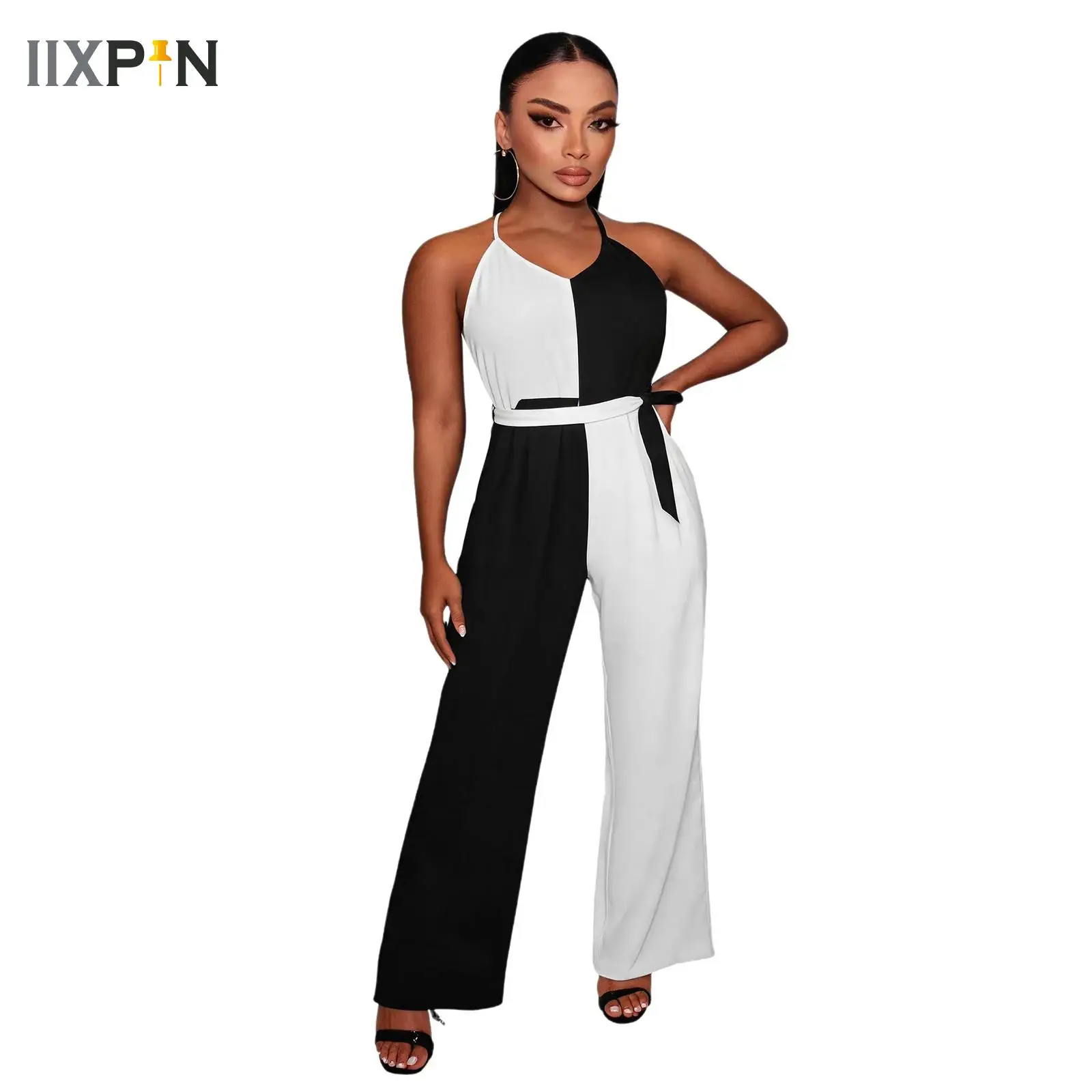 Women Sleeveless Contrast Jumpsuit Side Zipper Bodysuit with Belt Party Daily Wear Sleeveless Wide Leg Casual Office Overalls
