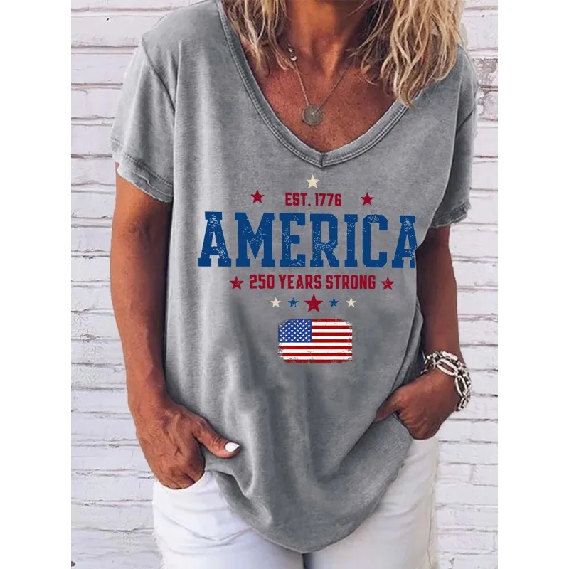 ilstile Women's America 250 Letter Print T-Shirts Summer Short Sleeve T Shirt Casual Loose V Neck Tops Tees NEW