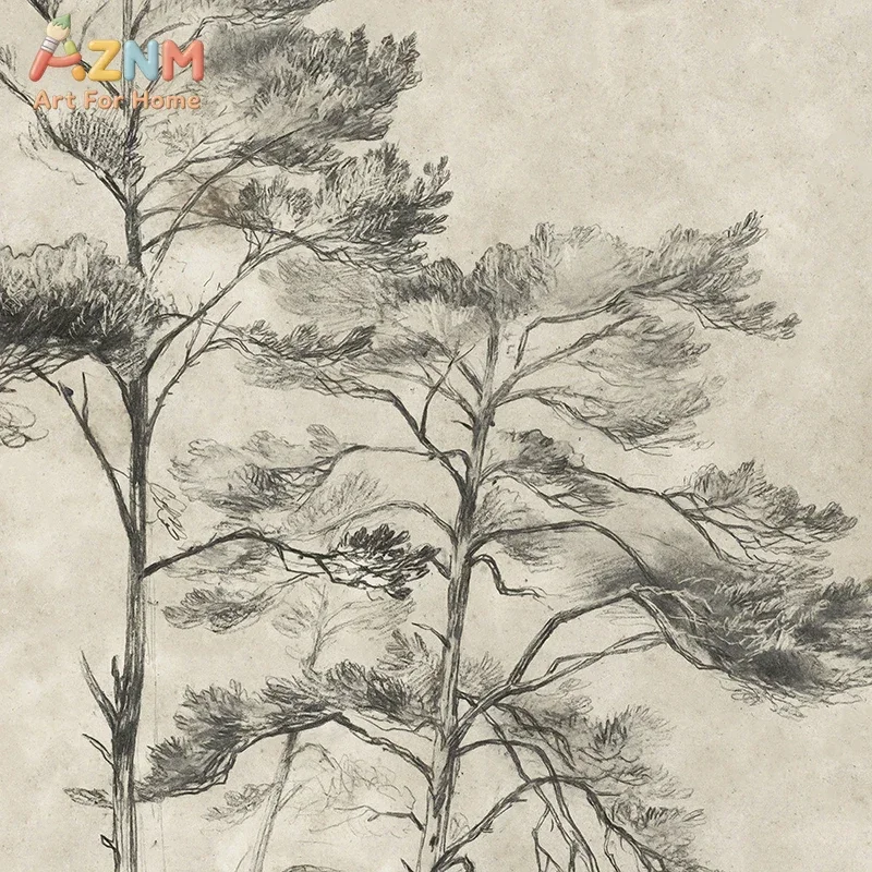 AZNM Vintage Coastal Cliff Landscape Canvas Wall Art, Antique Oil Painting Sea Shore Tree Sketch Neutral Muted Tone Print, Farmh