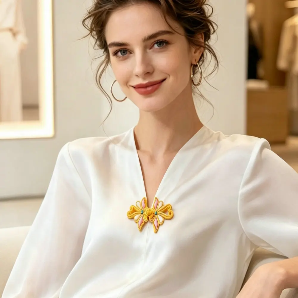 Yellow Floral Chinese Frog Button (Pankou) – Handcrafted Knot Clasp in Bloom Shape, Decorative & Functional for Qipao, Jackets