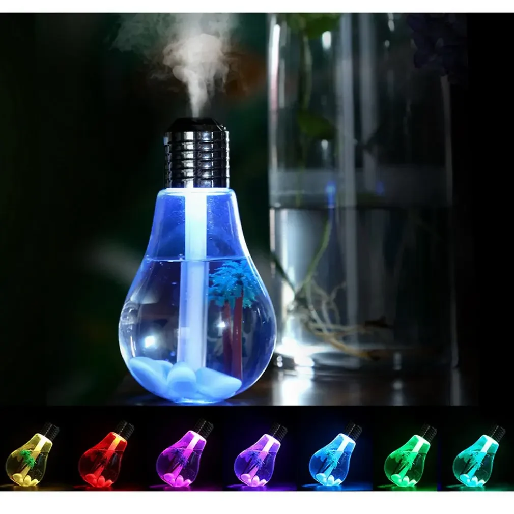 Bulb Humidifier 400ml โคมไฟกลางคืน LED สีสันสดใส - USB Air Essential Oil Diffuser สําหรับโฮมออฟฟิศ