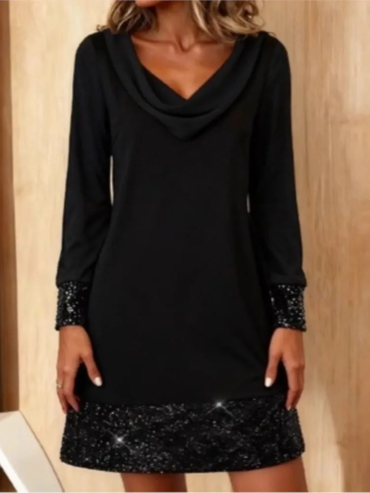 Sequins Patchwork Dress For Women Fashion Pile Collar Long Sleeve Pullover Vestidos Dresses Lady Elegant Chic Holiday Clothes