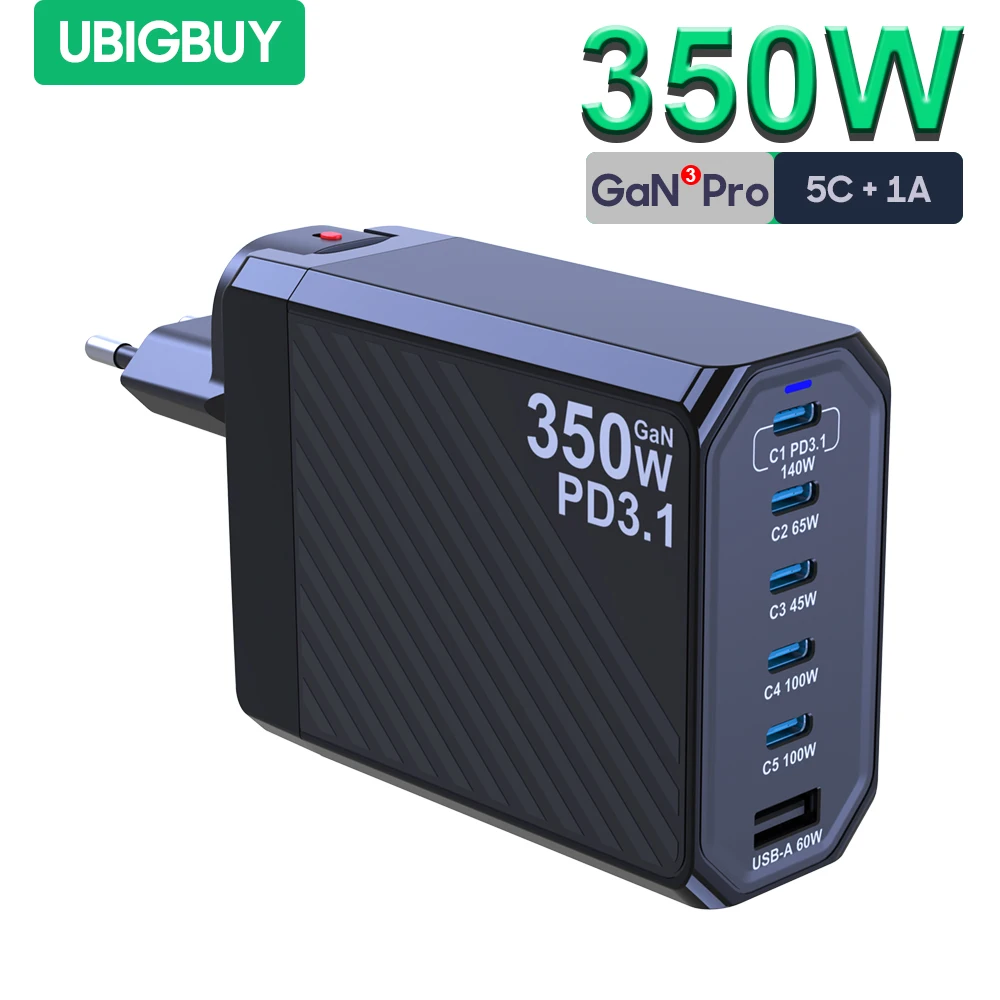 Ubigbuy Ładowarka GaN 350W Szybka ładowarka 140W PD3.1 QC PPS Stacja ładująca telefon USB do MacBook Pro iPhone Samsung Laptop Tablet