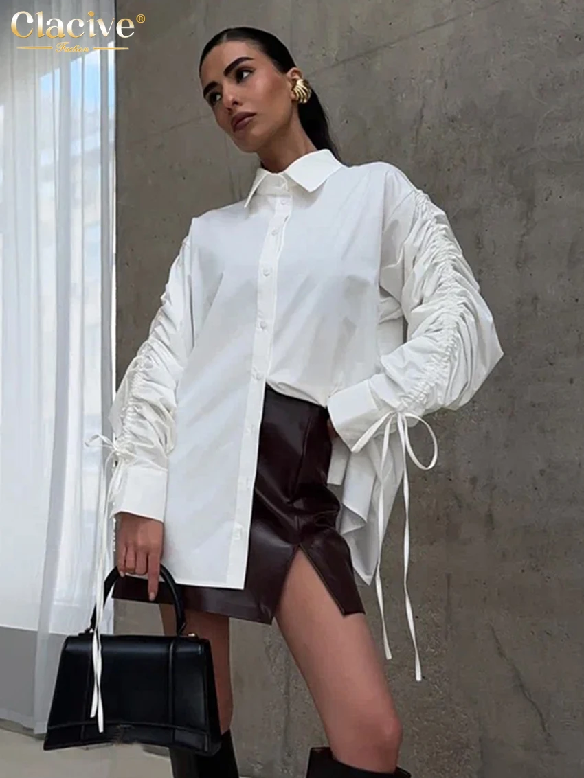 Clacive Fashion Loose White Cotton Women Blouse 2025 Casual Lapel Long Sleeve Shirt Elegant Classic Lace-Up Top Female Clothing