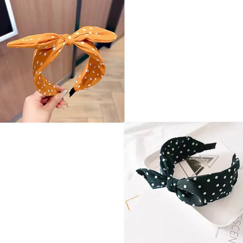 Effen kleur stof Polka Dot Bow hoofdband voor kinderen Elegant temperament Brede hoofdband Mode meisje make-up haarband
