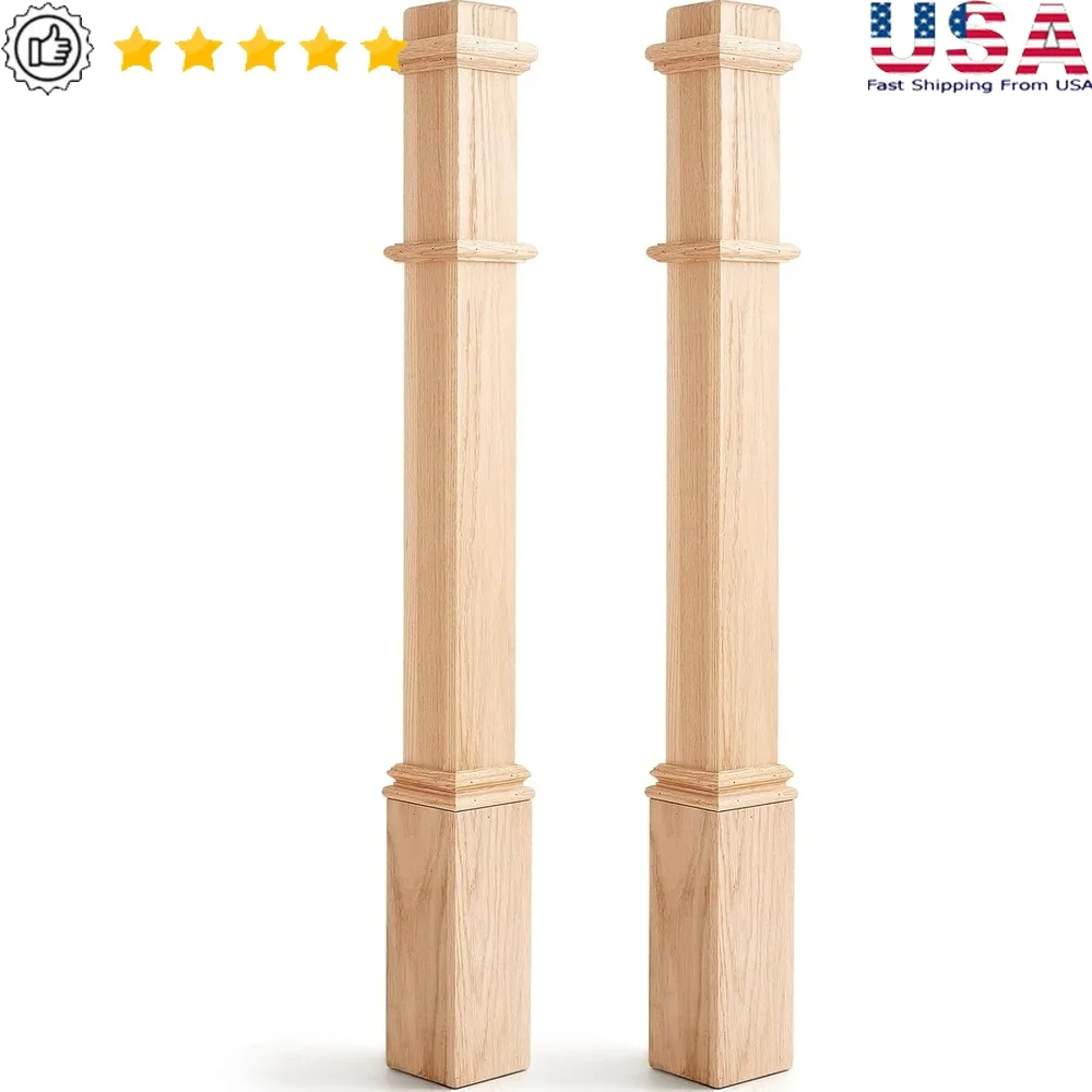 

2 Pcs Red Oak Stair Newel Post Solid Wood Box Contemporary Pedestal Plain Style Railing Interior Balusters Staircase