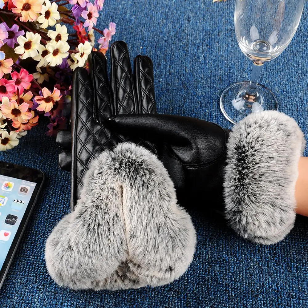 Womens Winter Thermal Gloves Touch Screen Pu Leather Mittens Soft Lining Windproof Faux Fur Cuff Outdoor Commuting